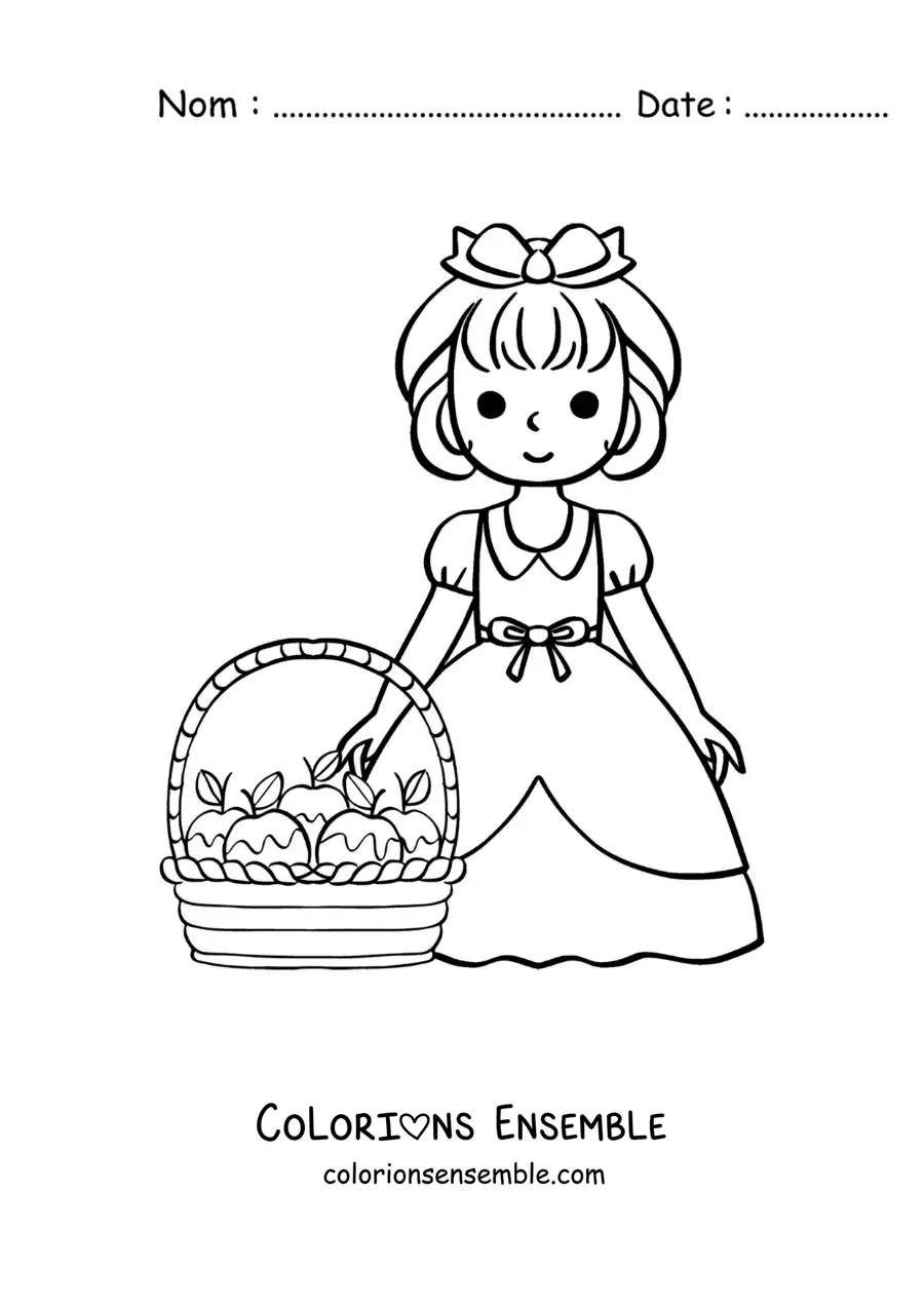 Image à colorier de Blanche-Neige en dessin animé avec un panier de pommes