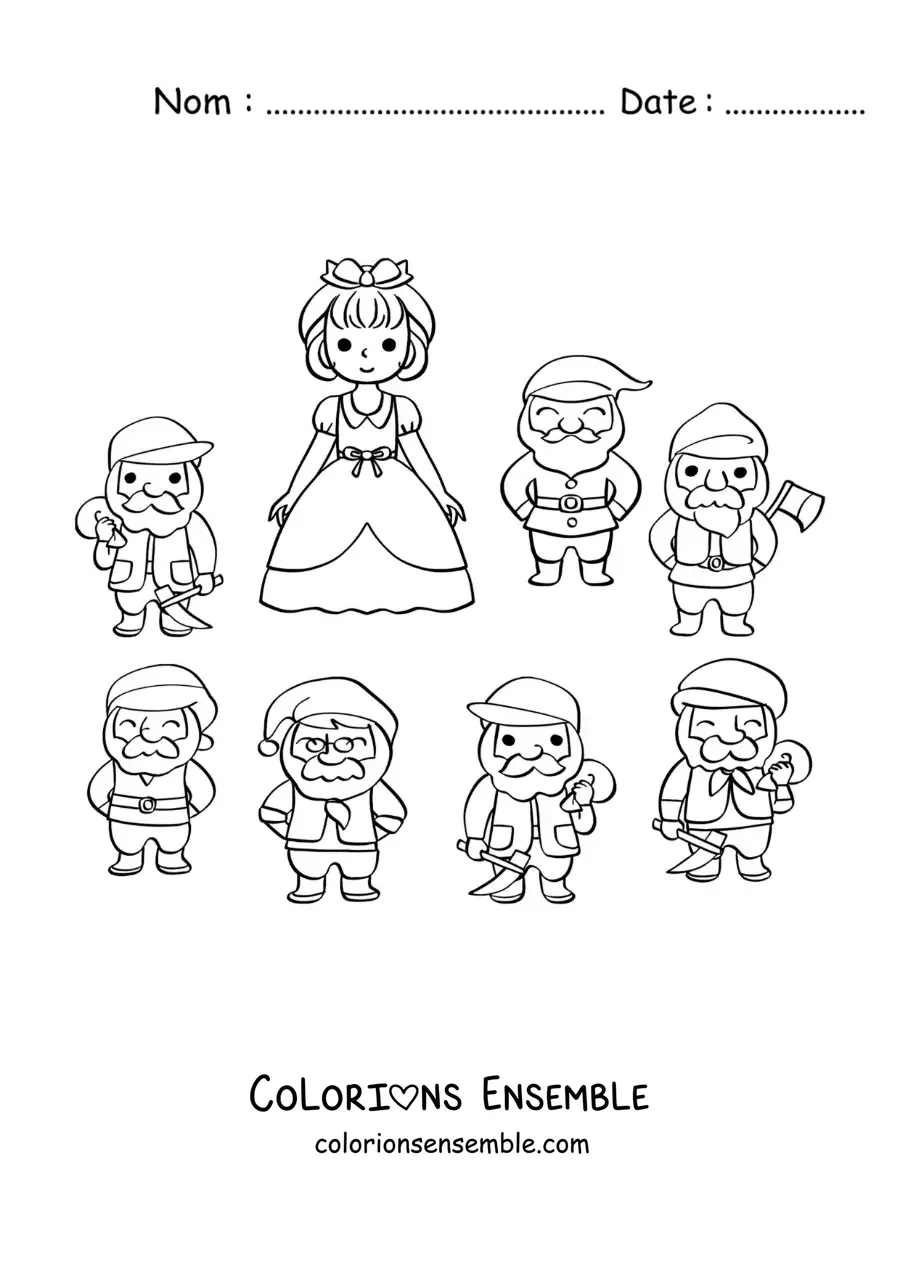 Image à colorier de Blanche-Neige en dessin animé avec les 7 nains