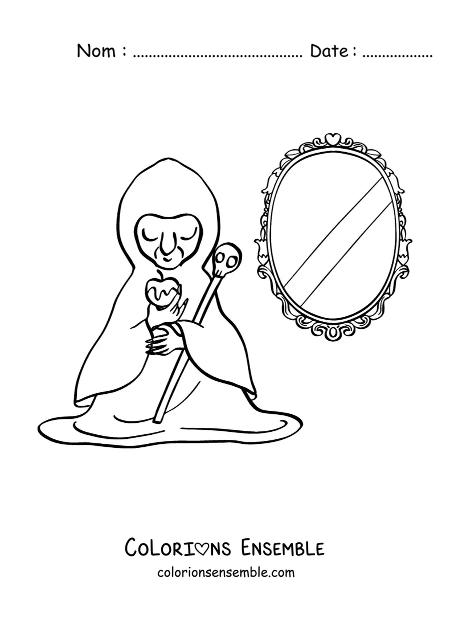 Image à colorier de la méchante sorcière de Blanche-Neige avec son petit miroir