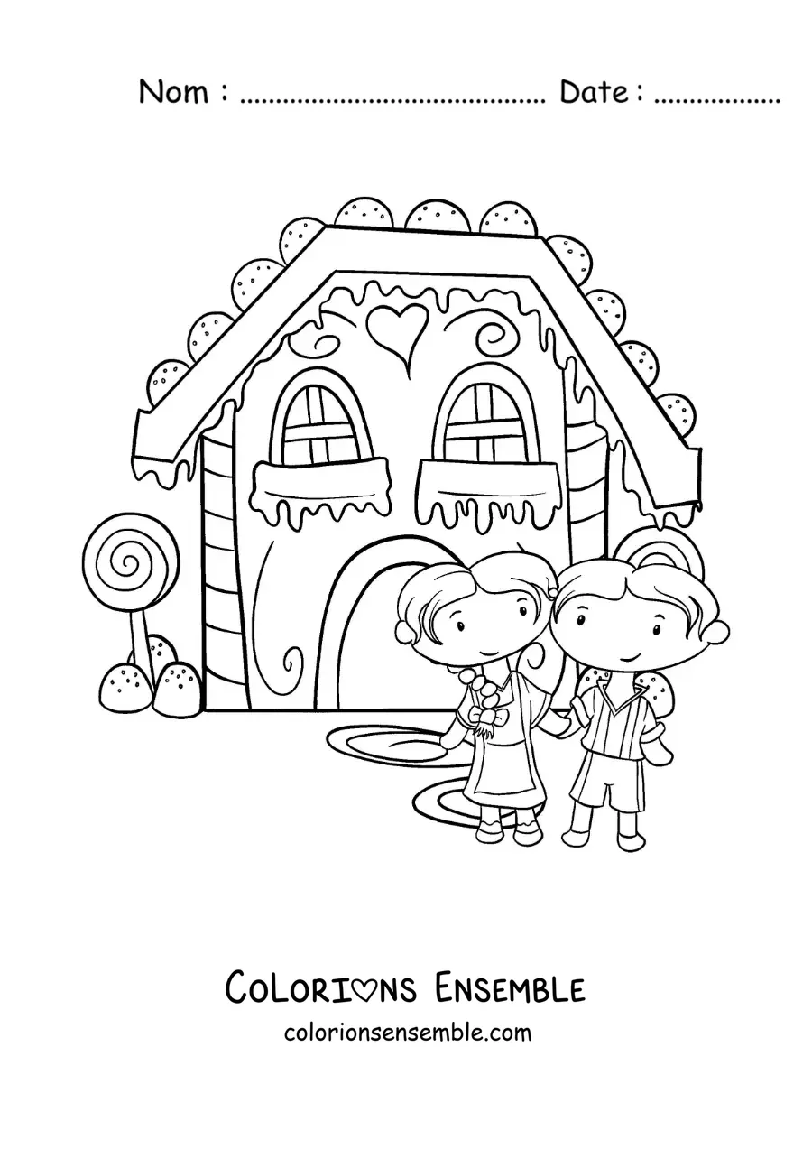 Image à colorier de Hansel et Gretel devant la maison en bonbons