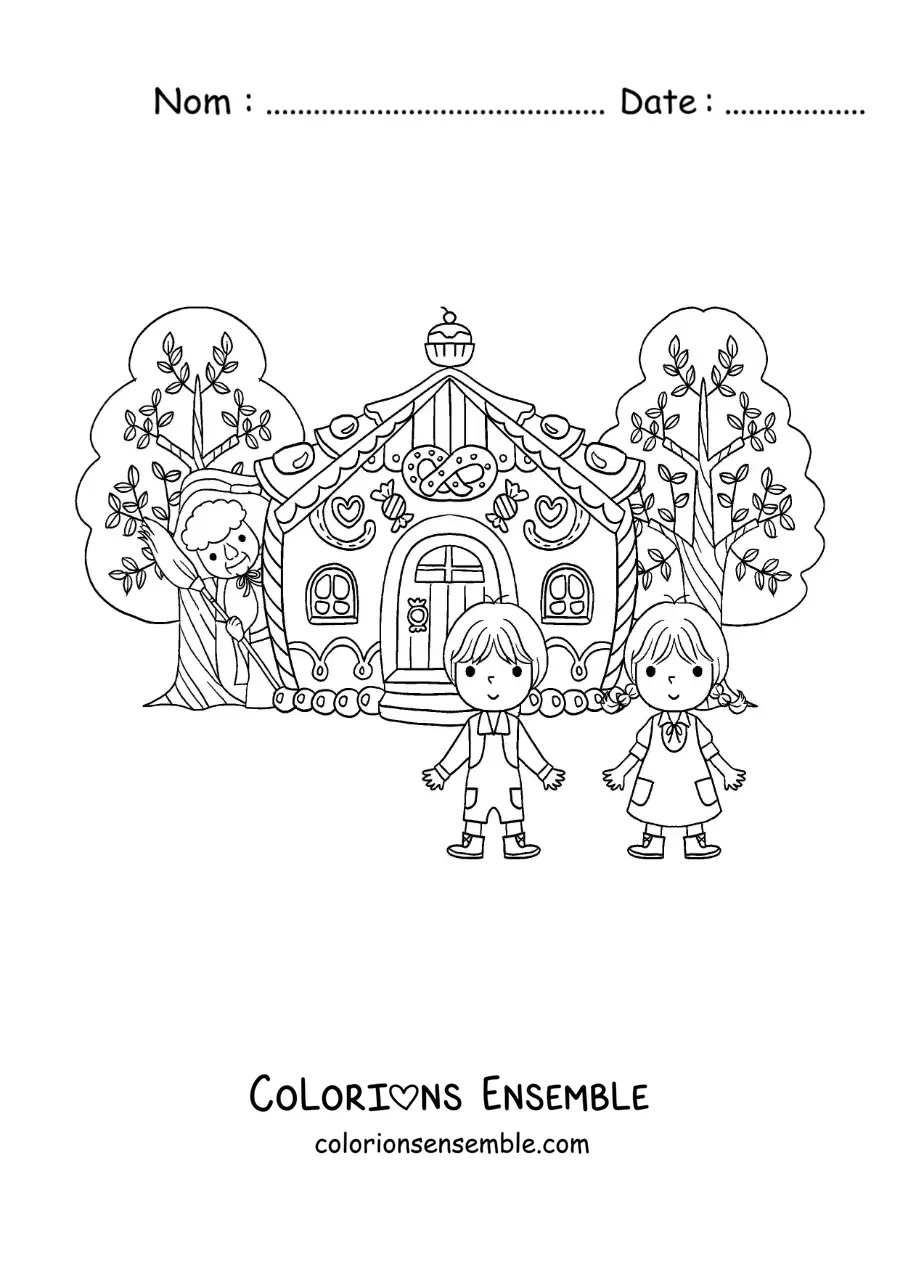 Image à colorier de Hansel et Gretel dans la maison de la sorcière