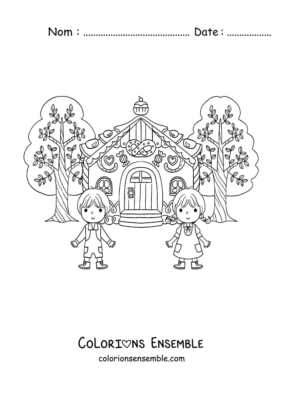 Image à colorier de Hansel et Gretel en dessin animé devant la maison en bonbons