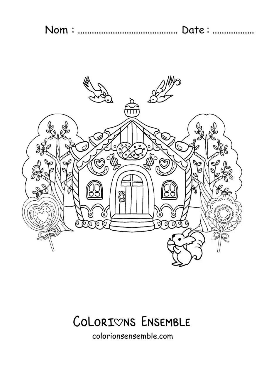 Image à colorier de la maison de la sorcière du conte de Hansel et Gretel