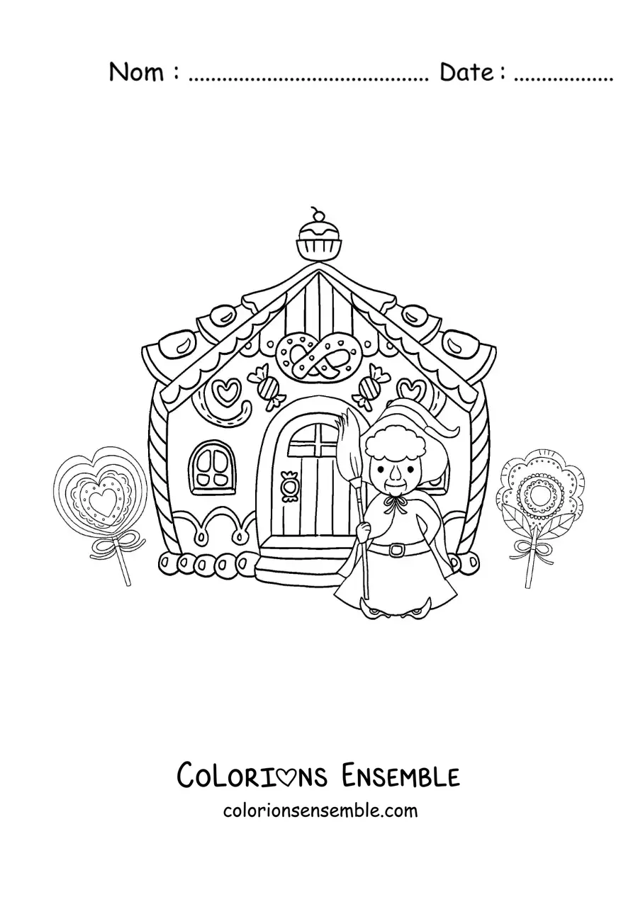 Image à colorier de la sorcière de Hansel et Gretel avec sa maison en bonbons