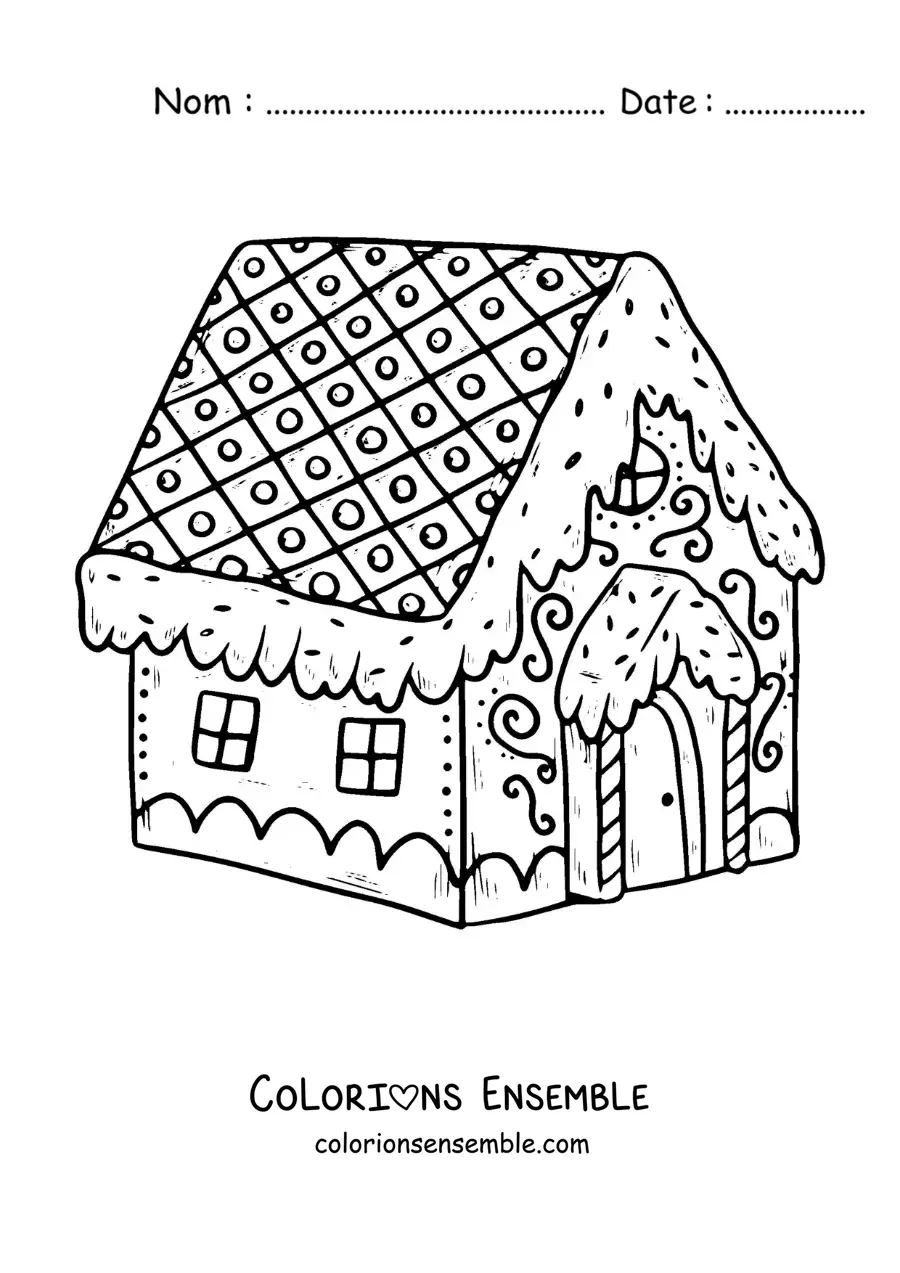 Image à colorier de la maison en bonbons du conte de Hansel et Gretel