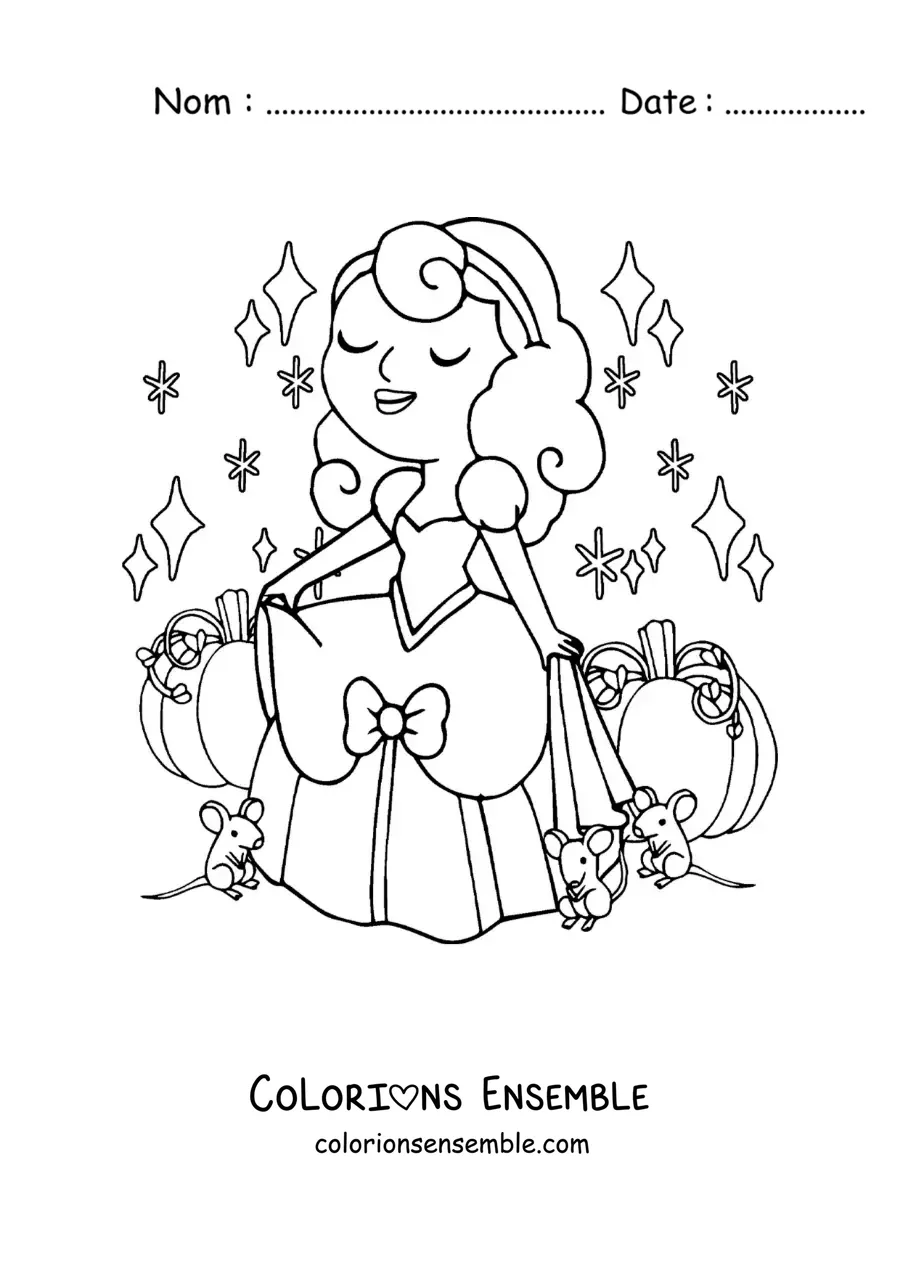 Image à colorier de Cendrillon dans sa robe à côté du carrosse et des petites souris