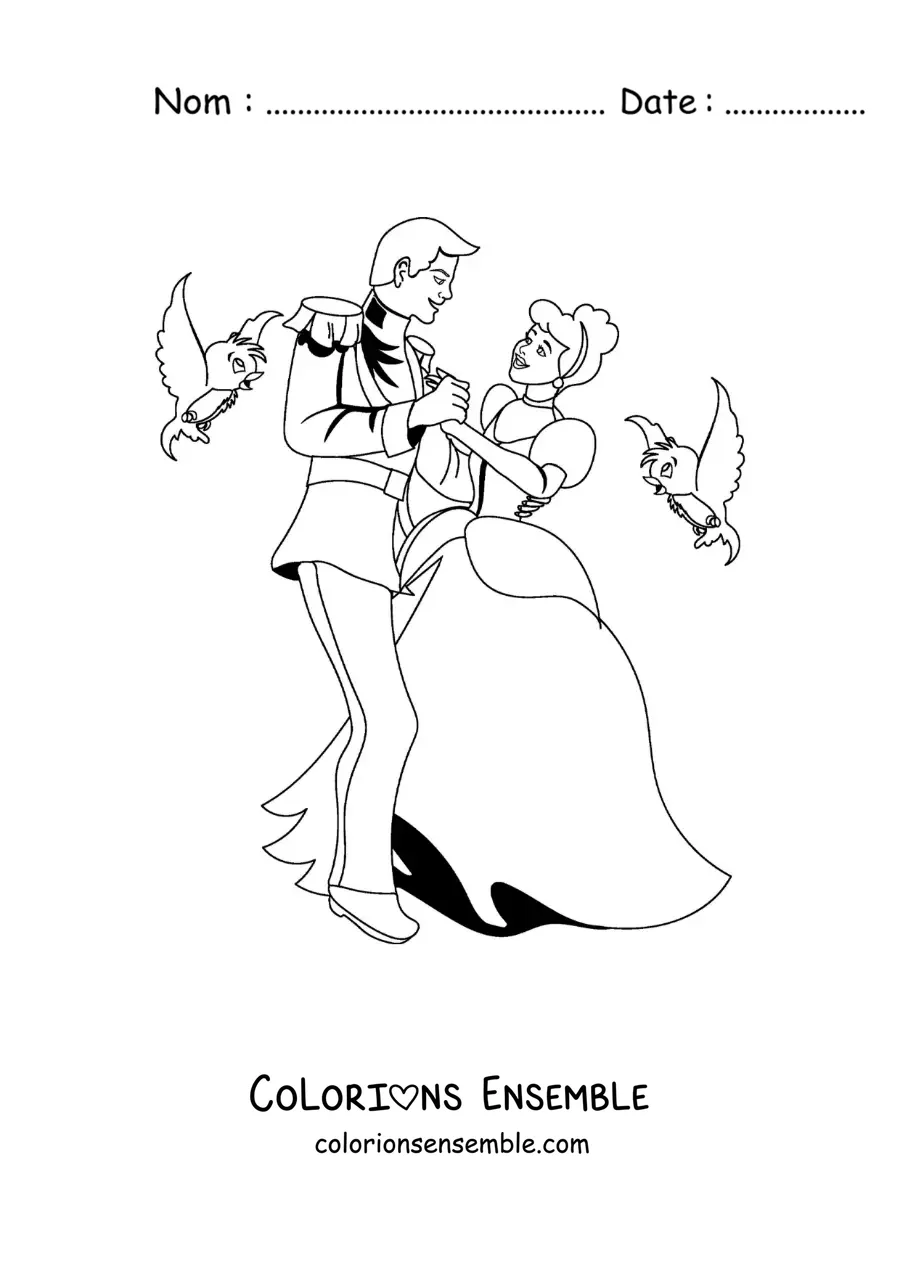 Image à colorier de Cendrillon dansant avec le prince