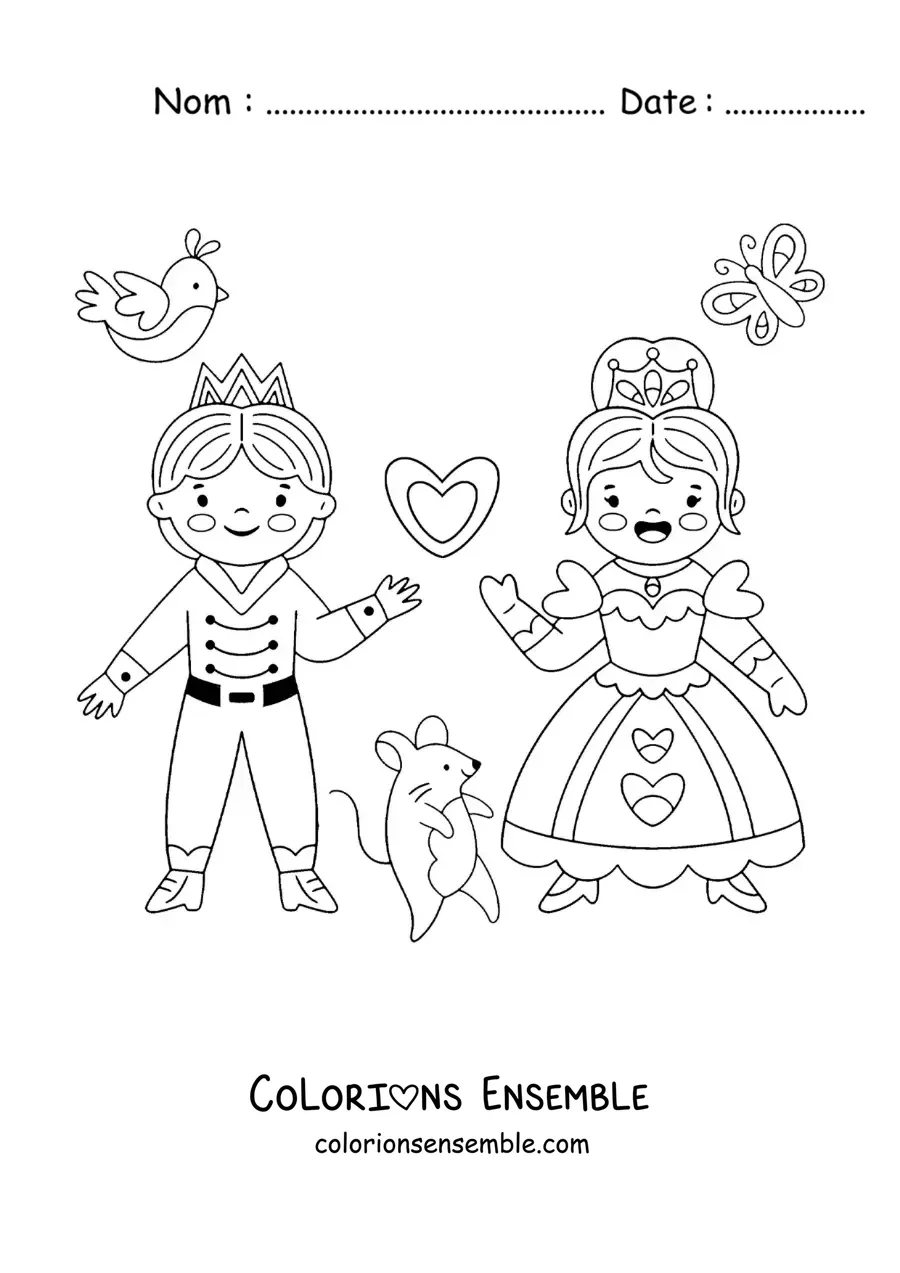 Image à colorier de Cendrillon kawaii avec le prince et une souris en dessin animé