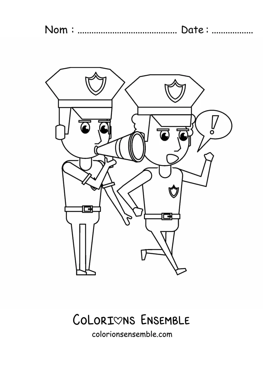 Image à colorier de deux policiers travaillant en équipe