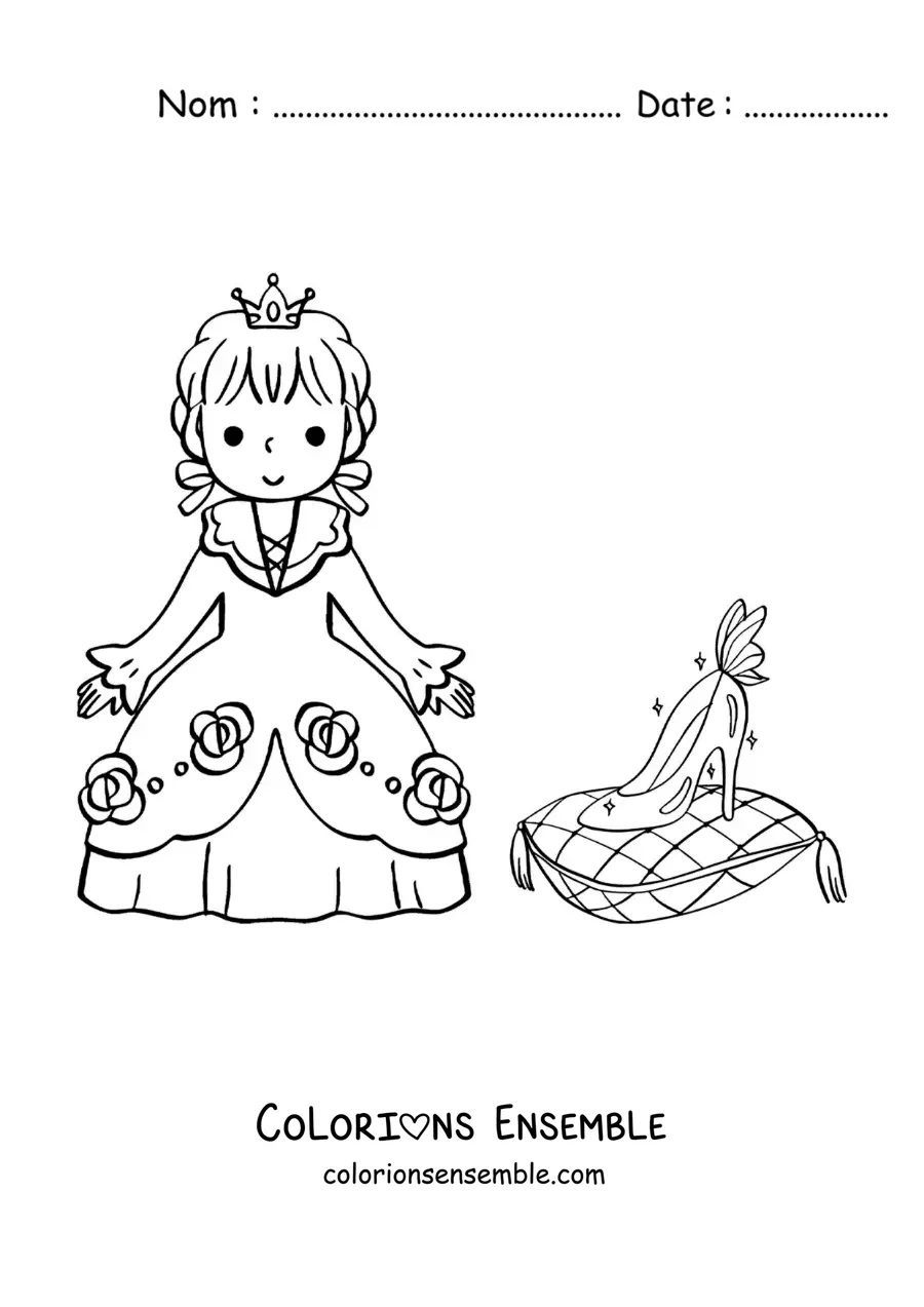 Image à colorier de Cendrillon kawaii avec la pantoufle de verre