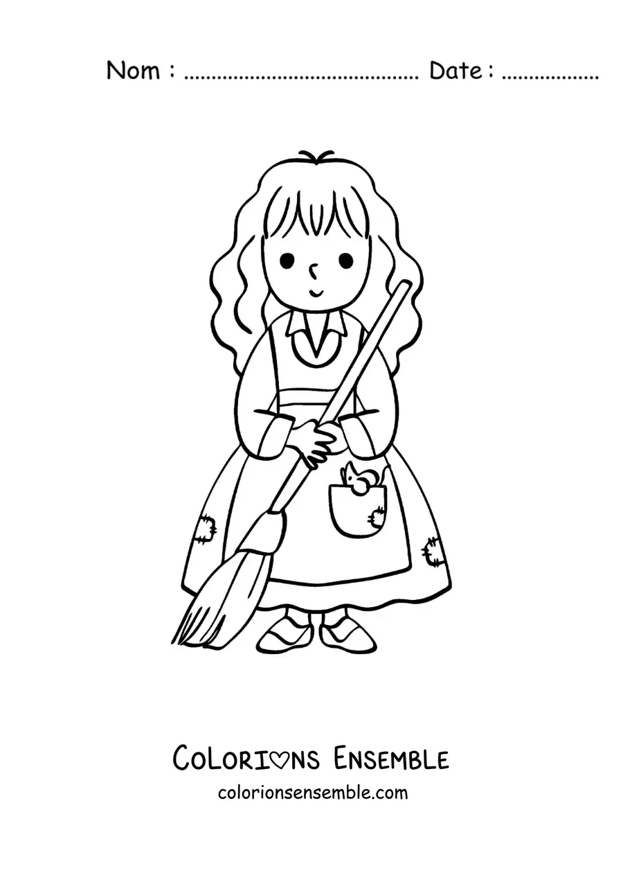 Image à colorier de Cendrillon kawaii qui fait le ménage