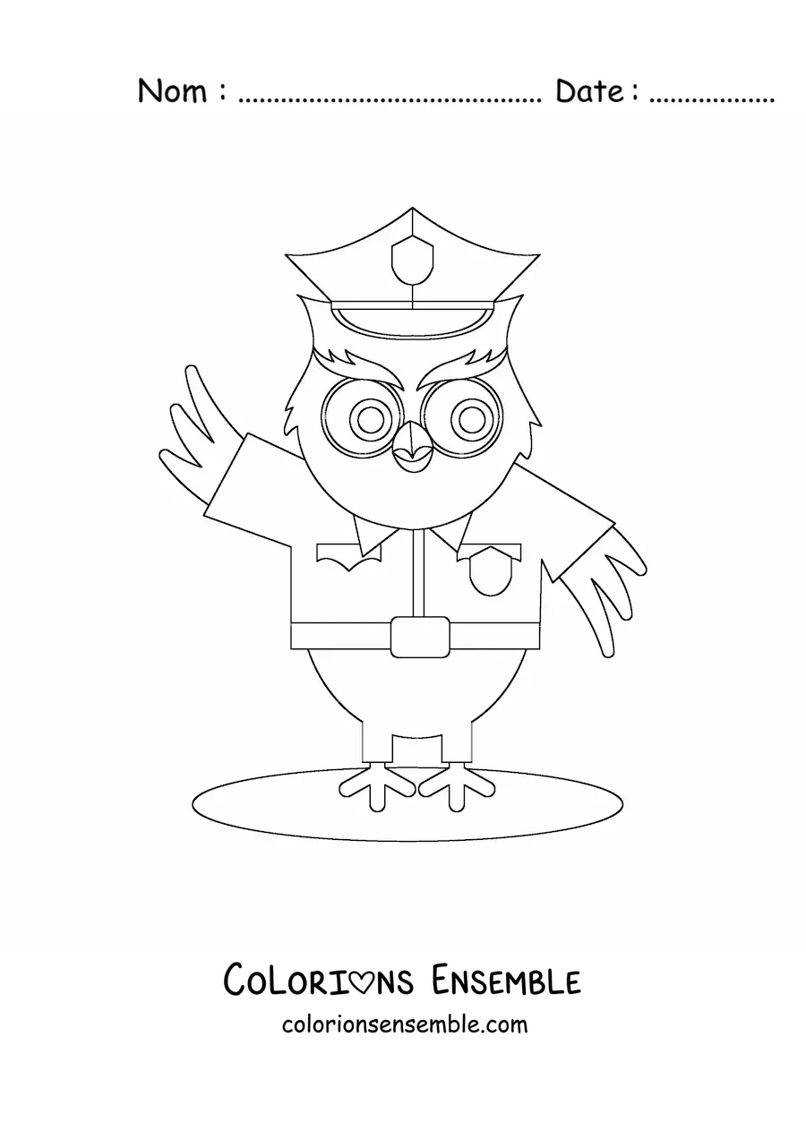 Image à colorier d’un hibou en dessin animé portant un uniforme de policier