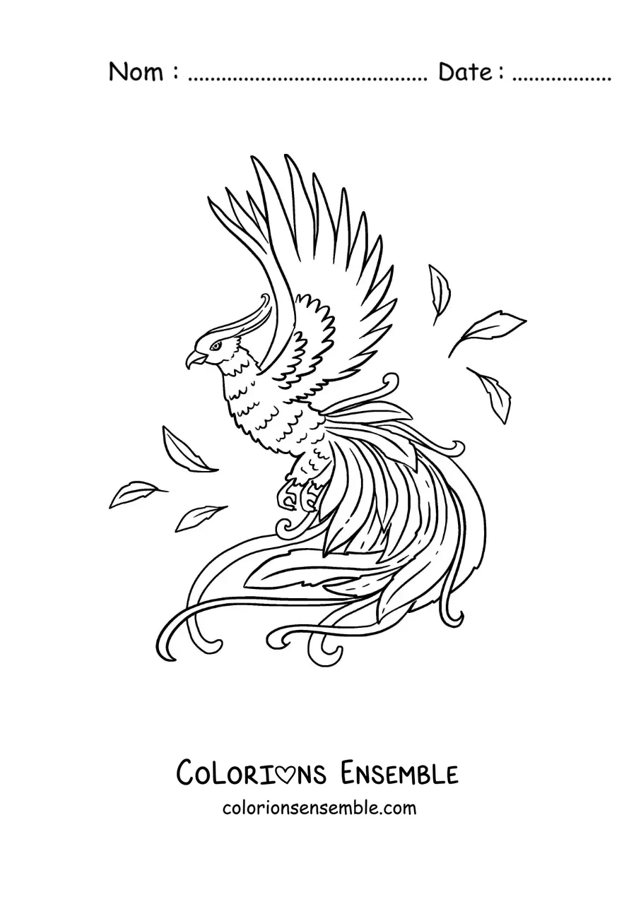 Image à colorier d'un oiseau phénix en vol