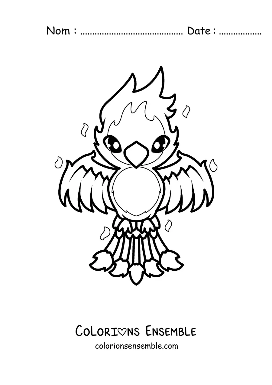Image à colorier d'un phénix kawaii en flammes