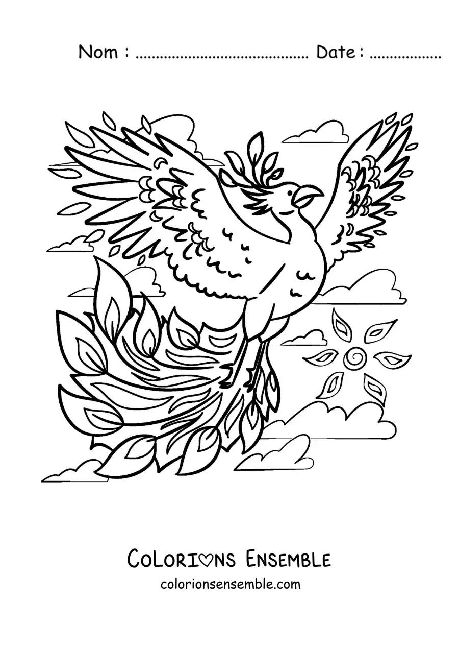 Image à colorier d'un phénix de feu en vol