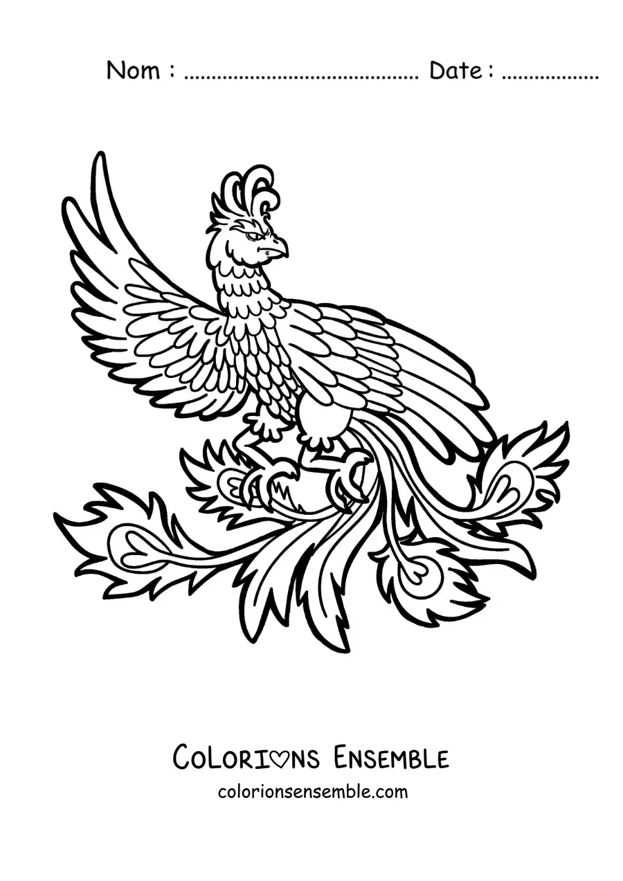 Image à colorier d'un oiseau phénix de feu
