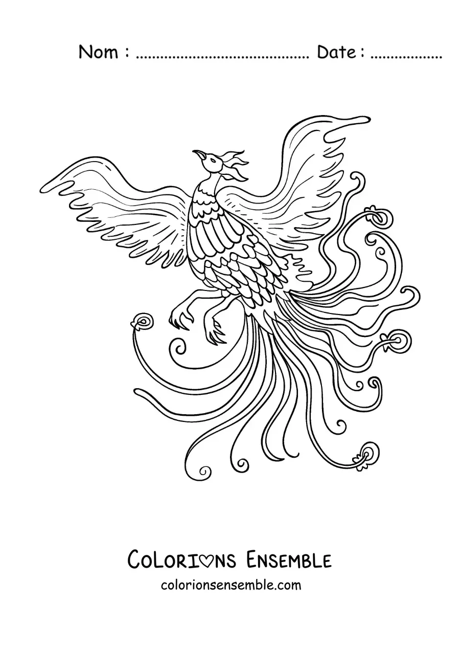 Image à colorier d'un oiseau phénix renaissant