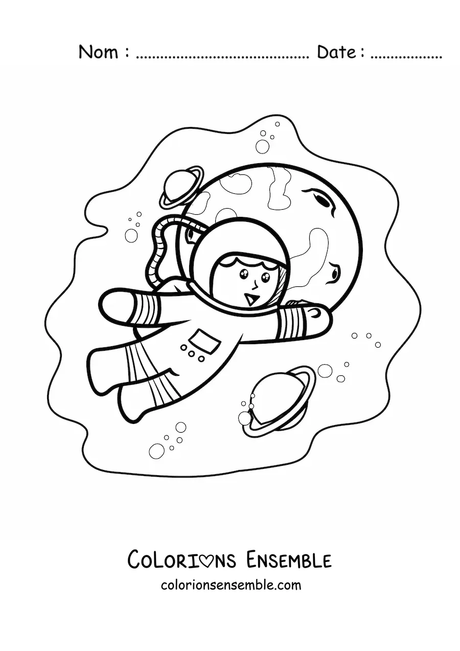 Image à colorier d’un astronaute kawaii flottant dans l’espace