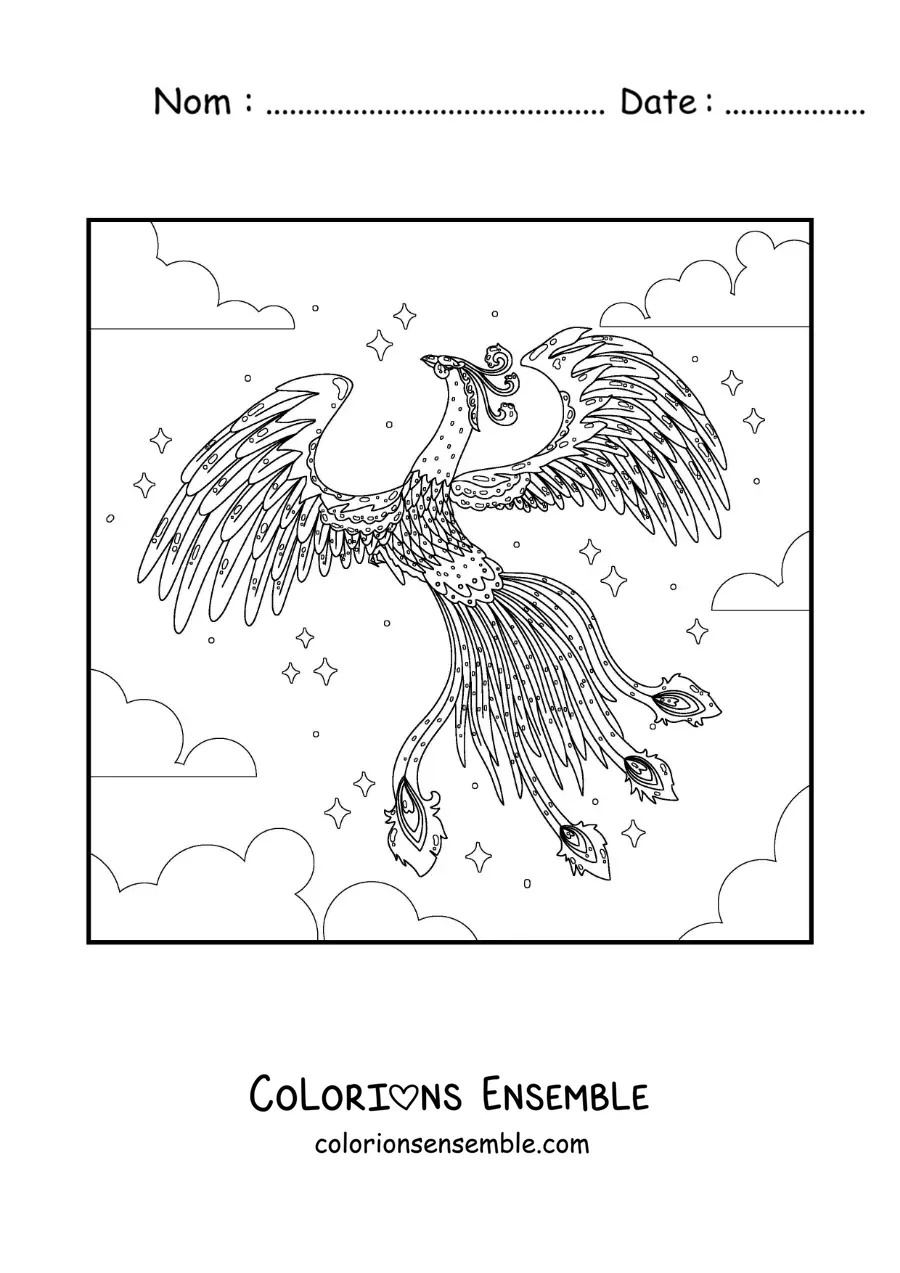 Image à colorier d'un phénix magique en vol