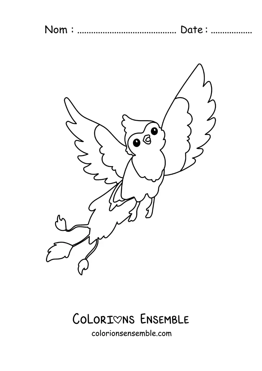 Image à colorier d'un oiseau phénix kawaii en dessin animé