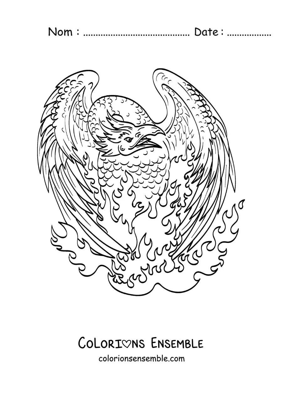Image à colorier d'un phénix en flammes renaissant