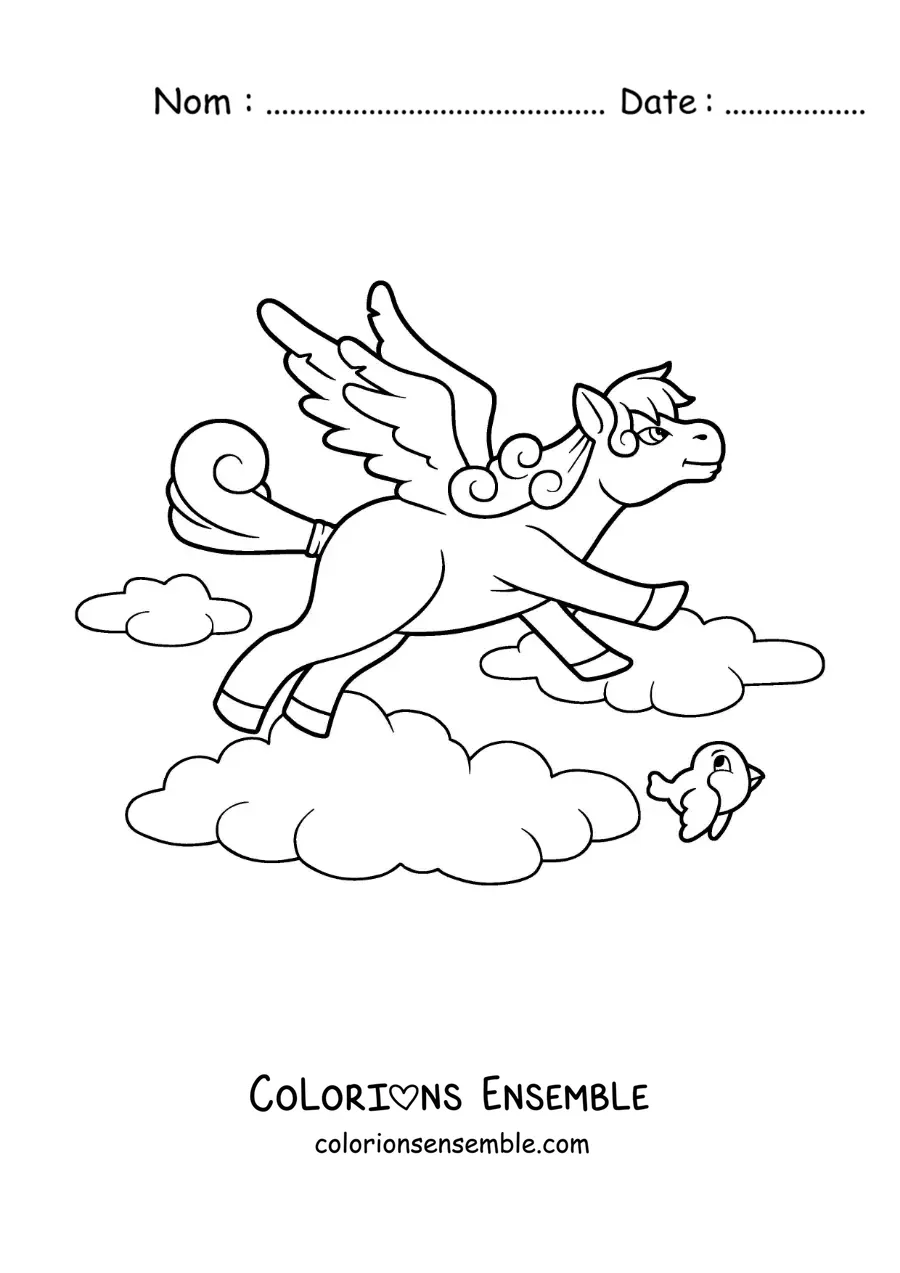 Image à colorier de Pégase de la mythologie en dessin animé, en vol