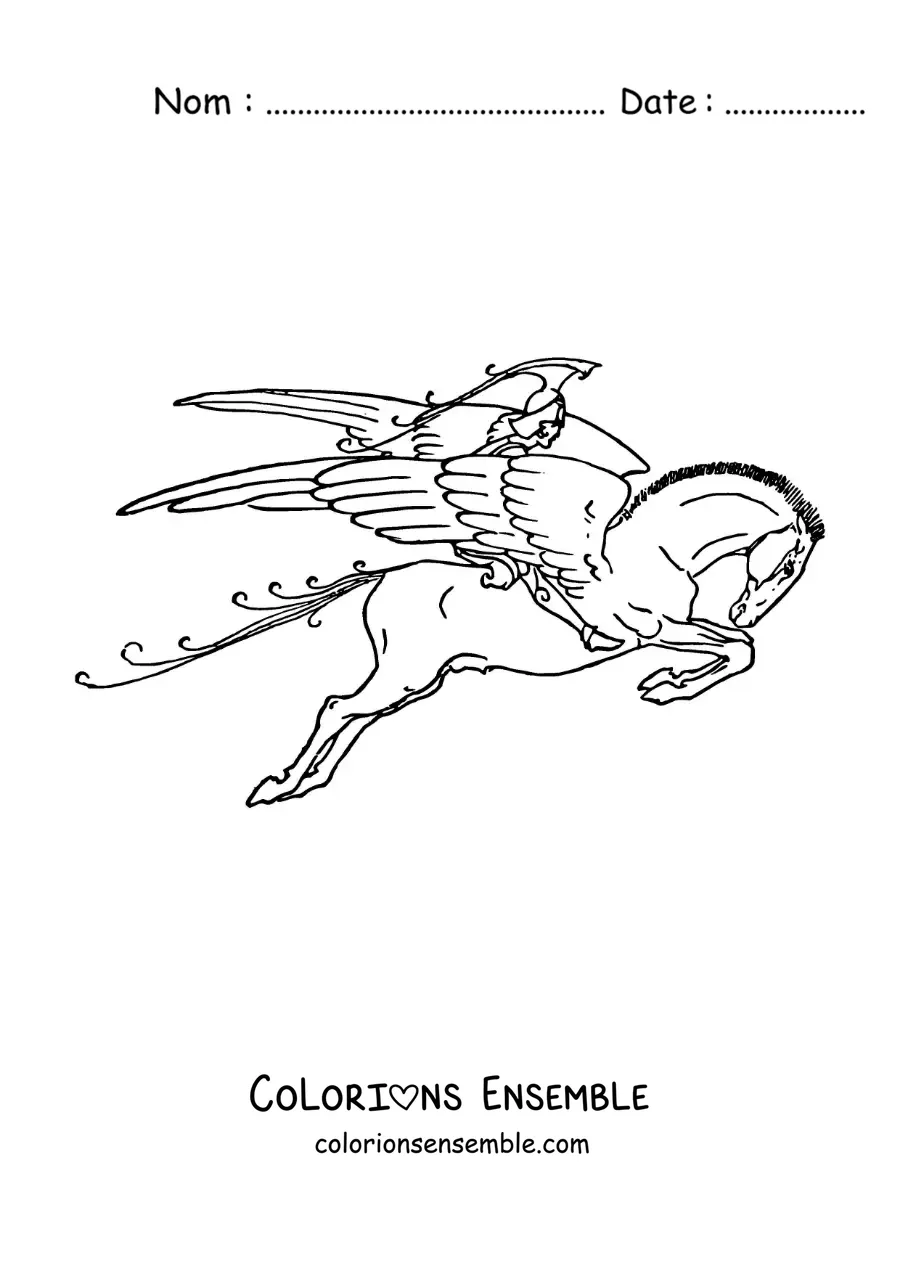 Image à colorier de Bellérophon volant sur Pégase