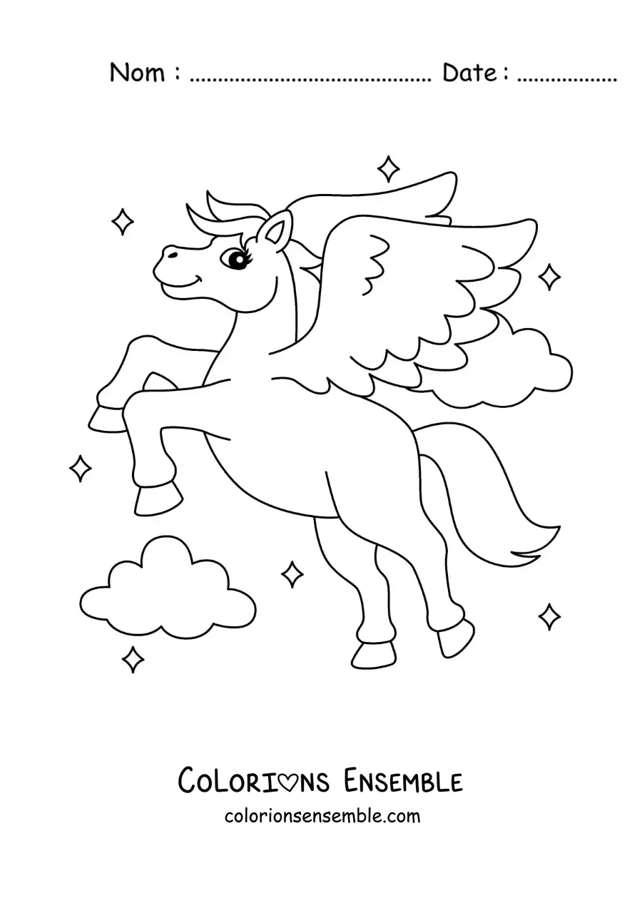 Image à colorier de Pégase magique en dessin animé, en vol