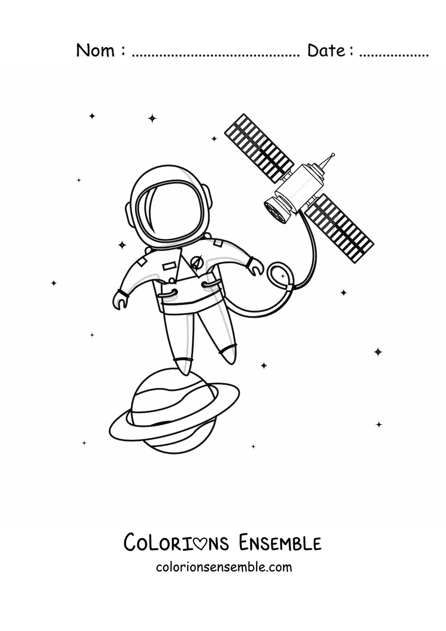 Image à colorier d’un astronaute flottant dans l’espace près d’un satellite