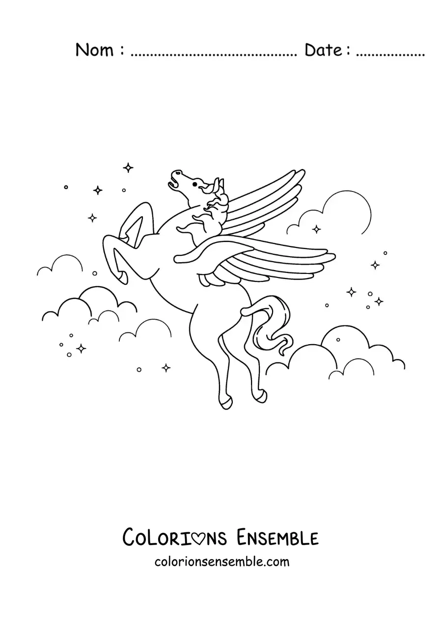 Image à colorier de Pégase magique volant dans le ciel