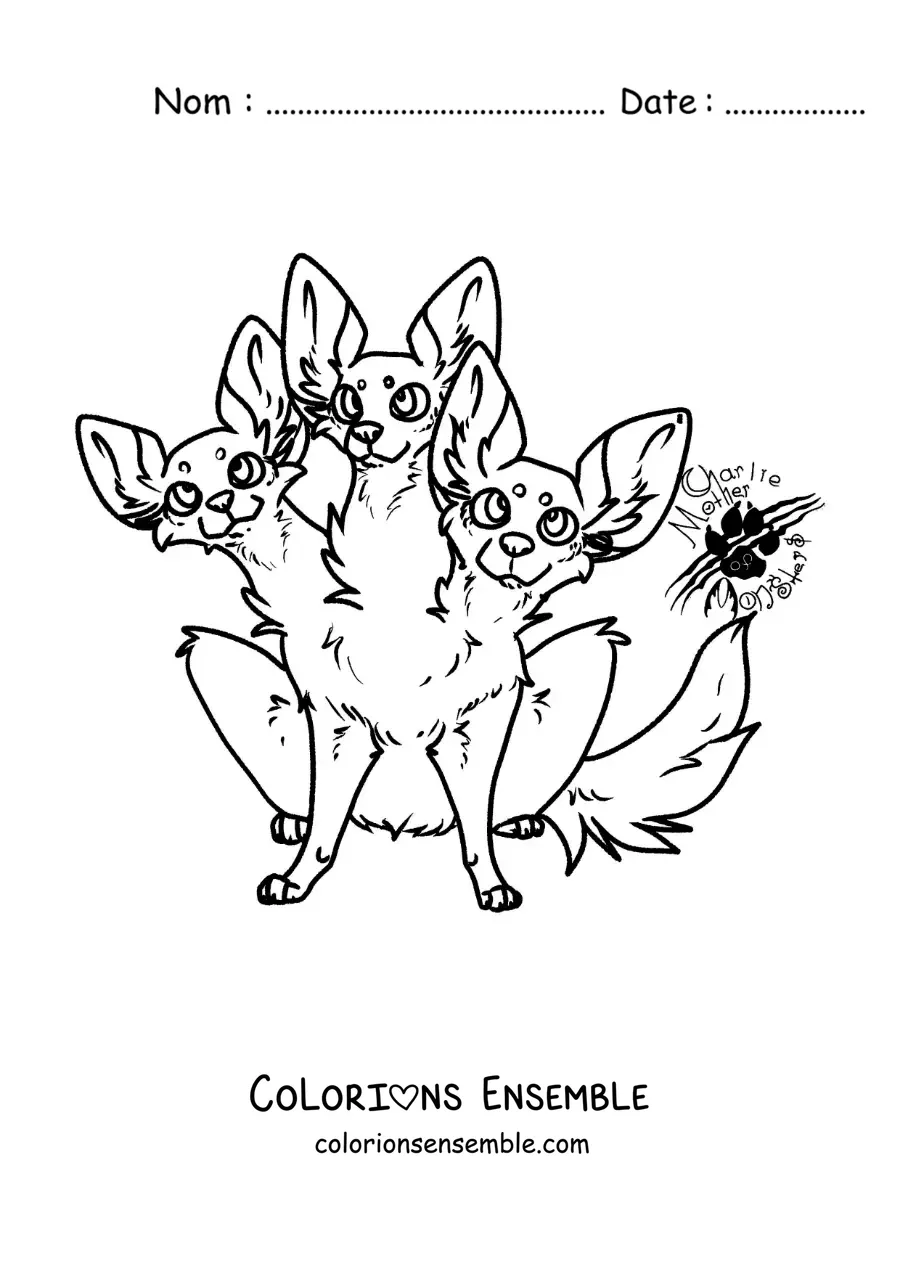 Image à colorier d'un chihuahua à trois têtes en dessin animé