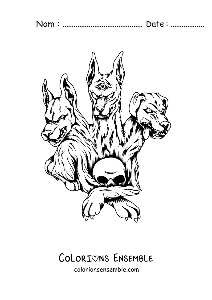 Image à colorier de Cerbère, le gardien des Enfers, avec un crâne