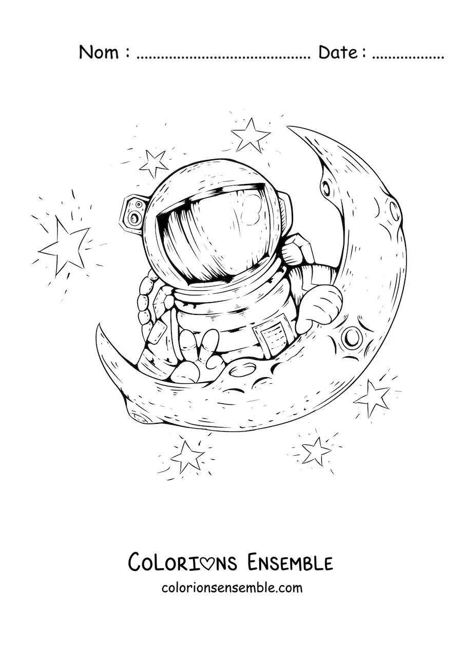 Image à colorier d’un astronaute apparaissant au-dessus d’une demi-Lune