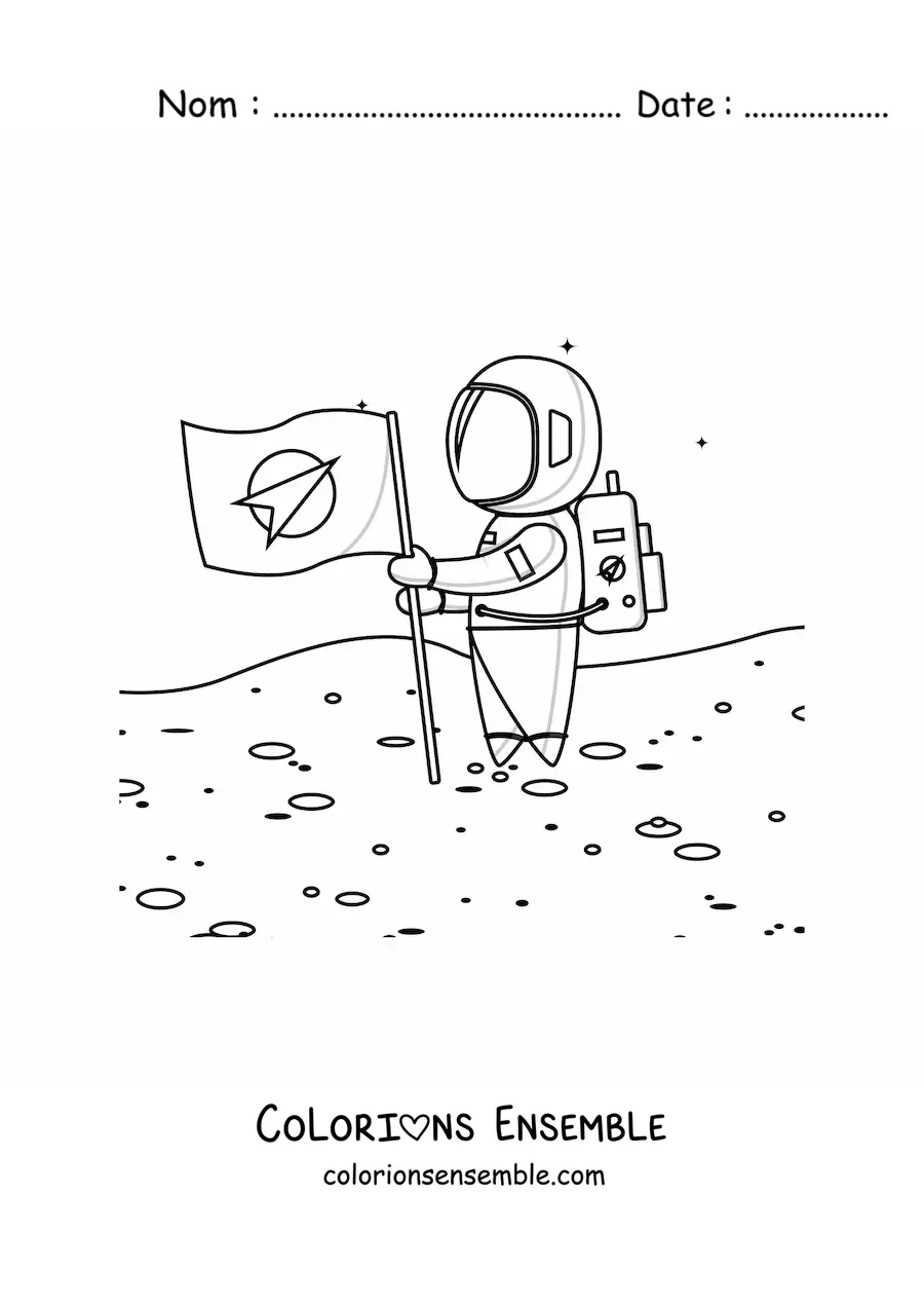 Image à colorier d’un astronaute plantant un drapeau sur la Lune