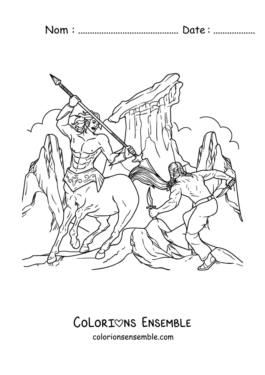 Image à colorier d'un centaure guerrier en plein combat