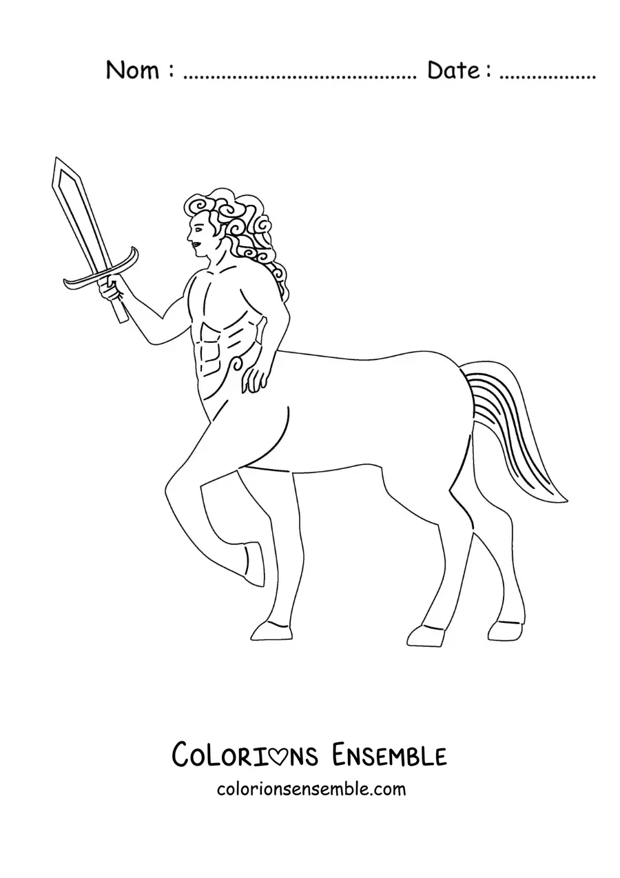 Image à colorier d'un centaure de la mythologie avec une épée