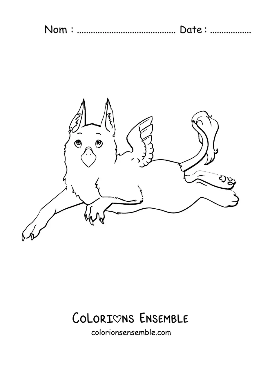 Image à colorier d'un griffon mythologique en version animée, couché
