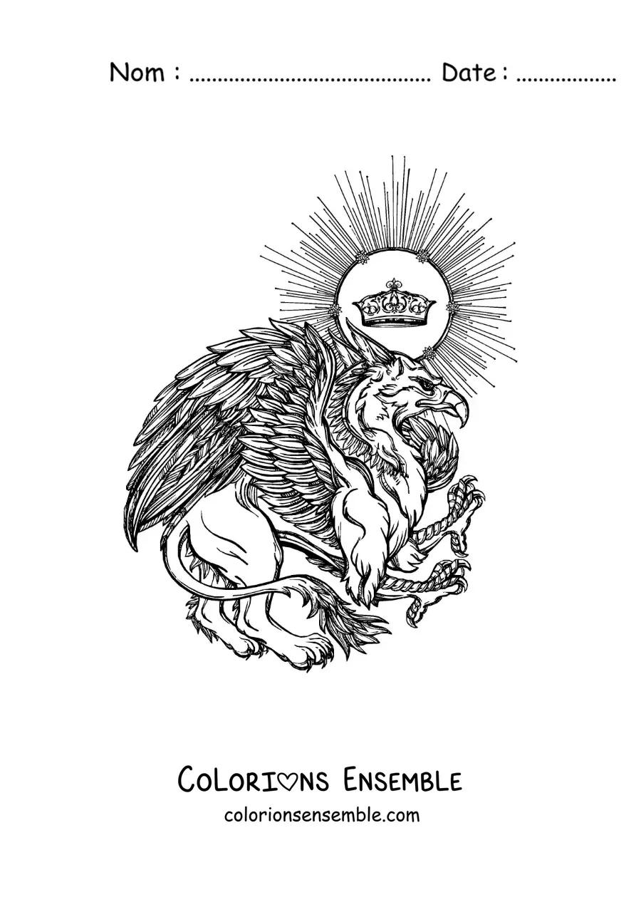 Image à colorier d'un griffon mythologique réaliste avec une couronne
