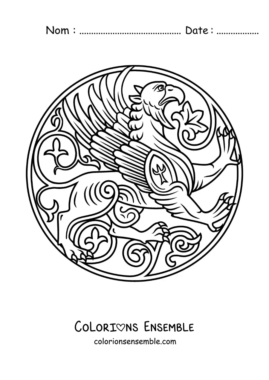 Image à colorier d'un emblème avec un griffon de la mythologie