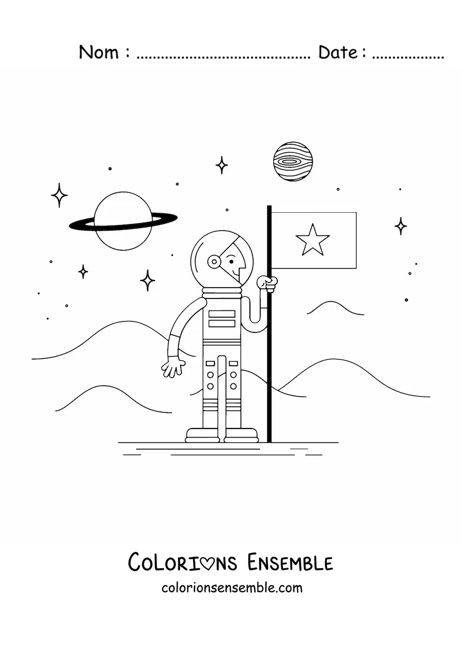 Image à colorier d’un astronaute avec un drapeau sur Mars