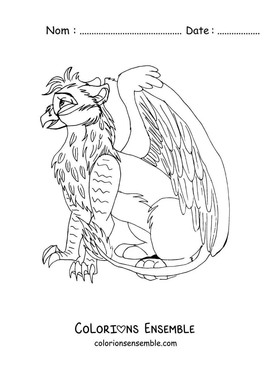 Image à colorier d'un griffon en version animée, assis