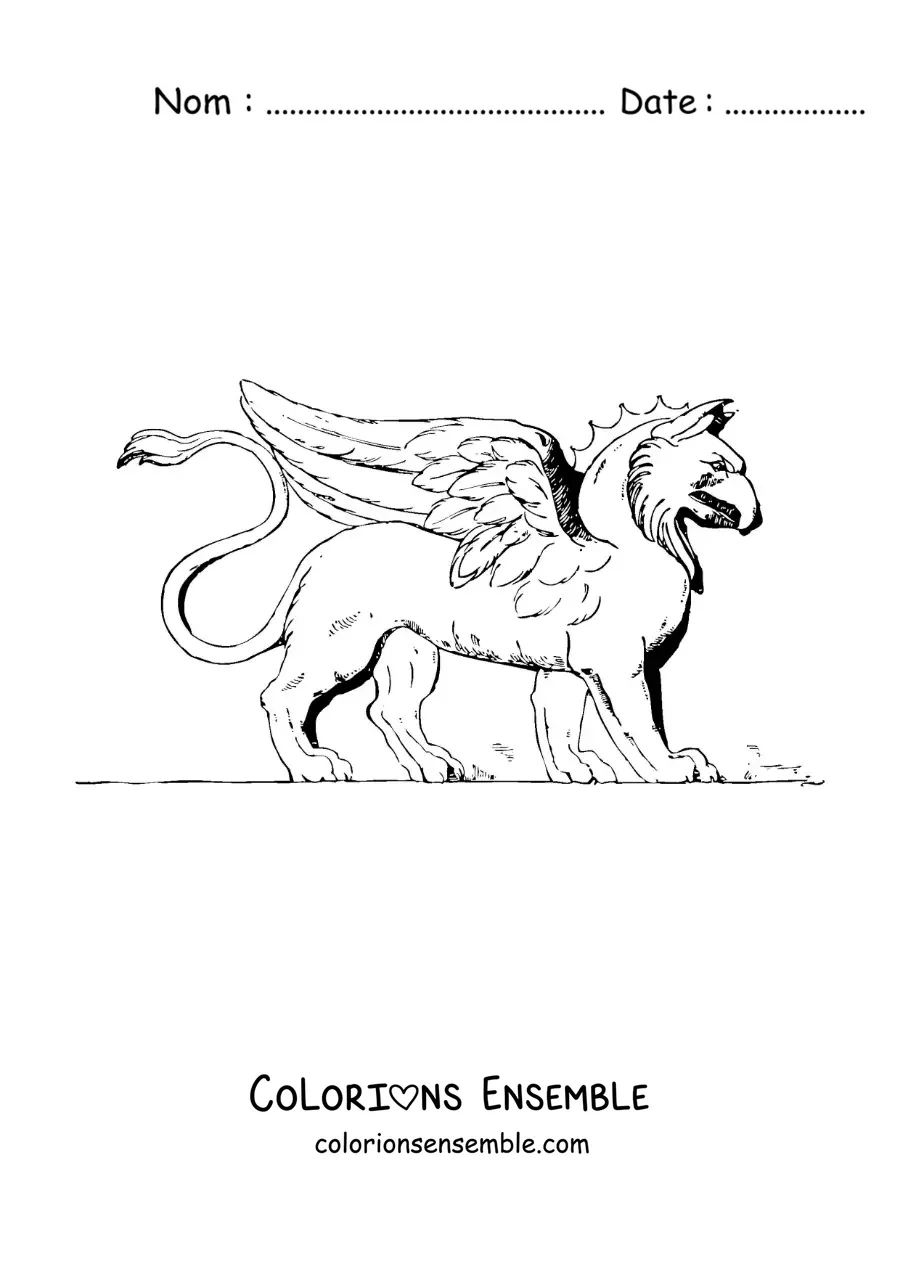 Image à colorier d'un griffon de la mythologie grecque en train de marcher