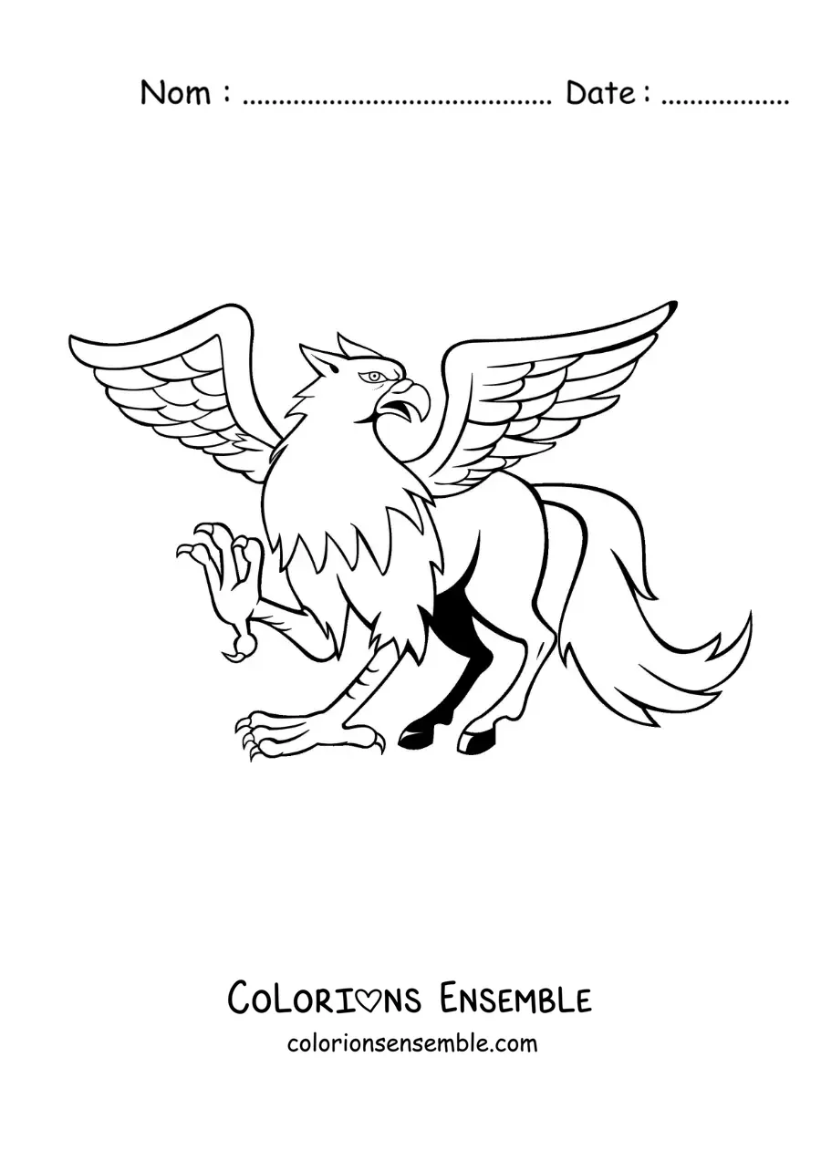 Image à colorier d'un griffon ailé en train de marcher