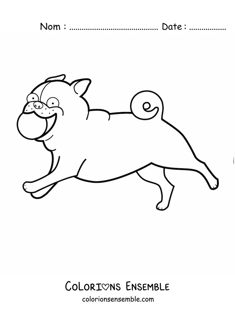 Image à colorier d’un carlin courant en mordillant une balle