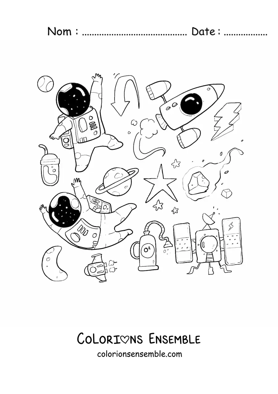 Image à colorier de deux astronautes en dessin animé entourés de fusées et d’étoiles