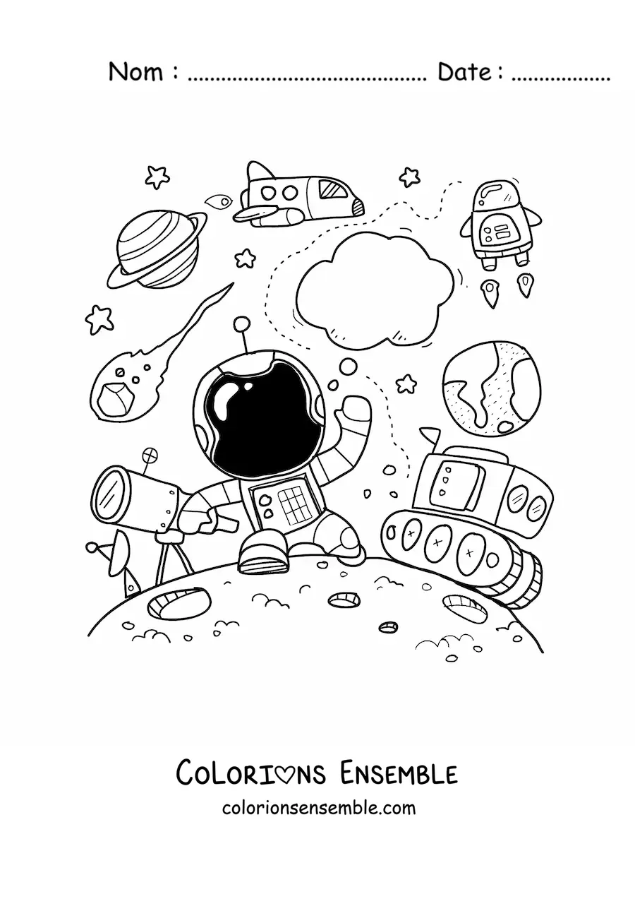 Image à colorier d’un astronaute en dessin animé entouré de planètes