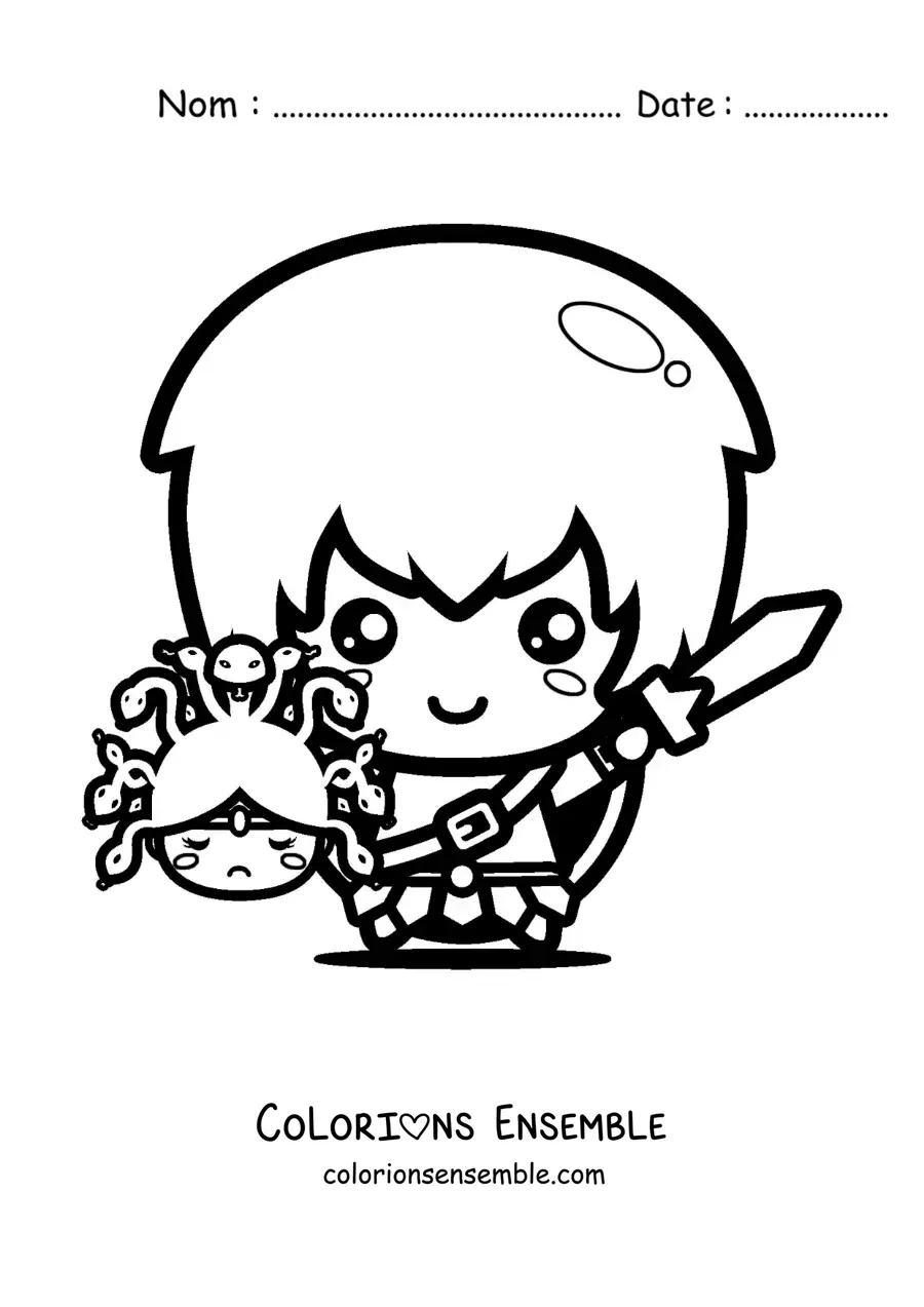 Image à colorier de Persée kawaii tenant la tête de Méduse
