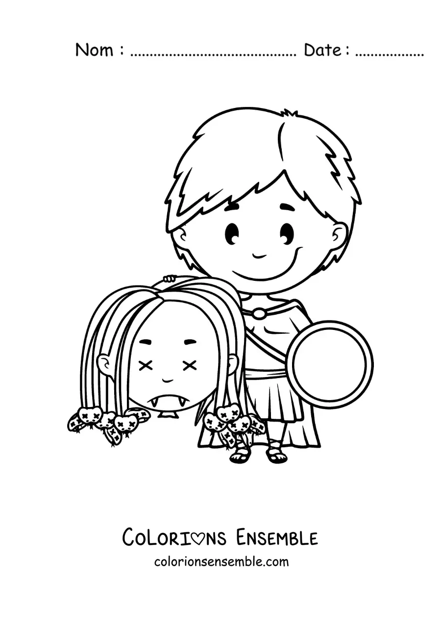 Image à colorier de Persée en version animée tenant la tête de Méduse