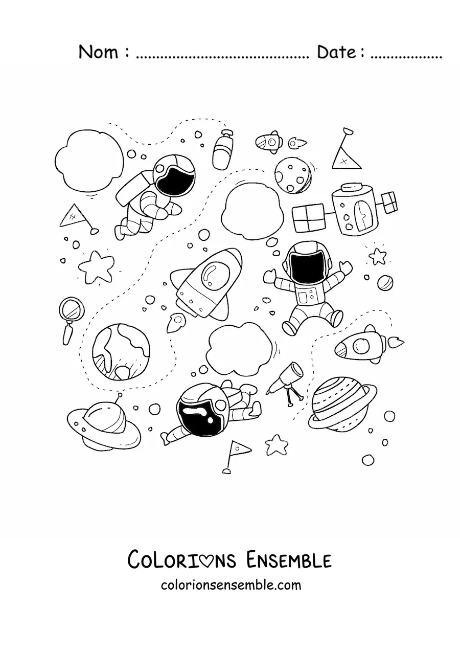 Image à colorier de trois astronautes en dessin animé et de vaisseaux spatiaux