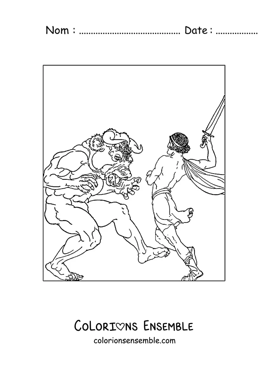 Image à colorier de Thésée terrassant le Minotaure